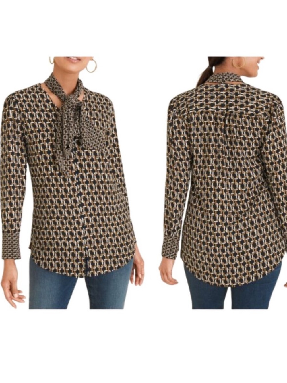Chico's Geometric Chain Print Long Sleeve Button Front Blouse Top Black 4 (XXL)